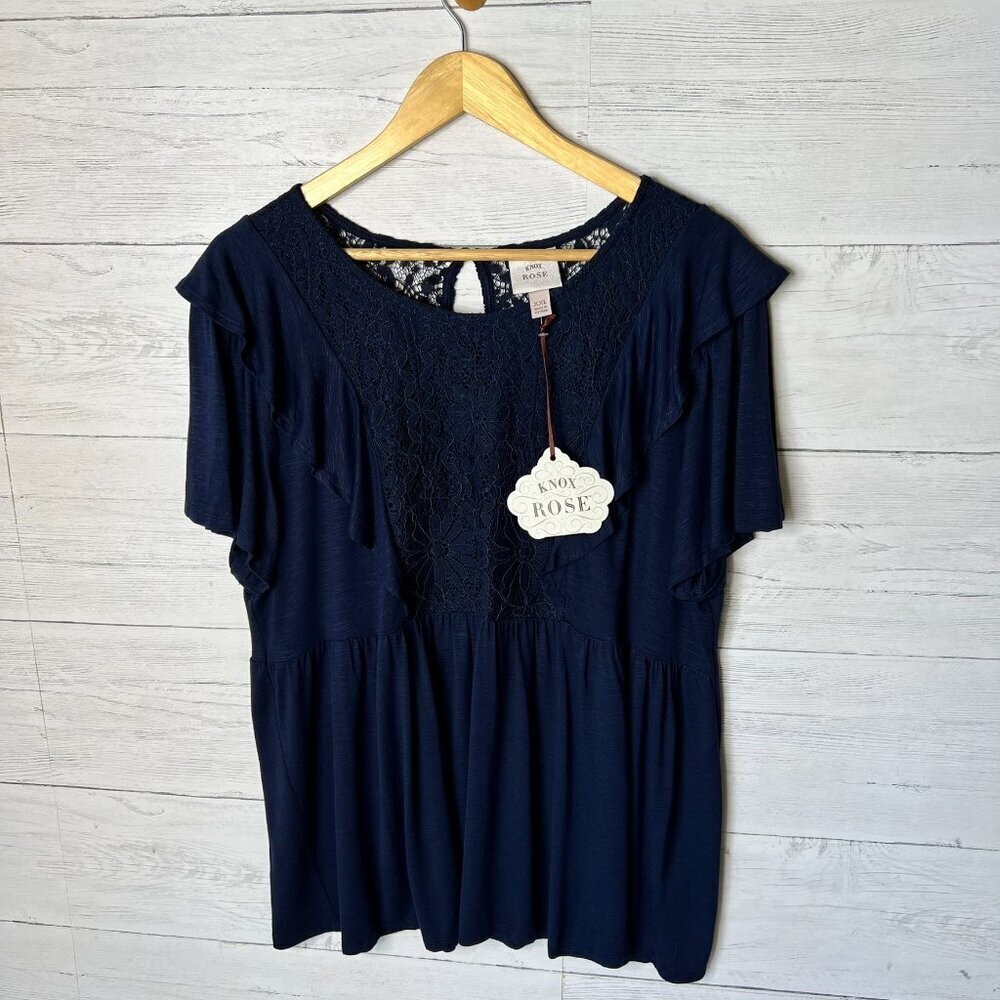 Knox Rose Blouse Womens Size XXL Navy Indigo Ink Floral Lace Babydoll Top - Picture 10 of 16